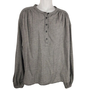 GAP Women's Shirred Henley Top Houndstooth Size Medium Tall Black Cotton Career